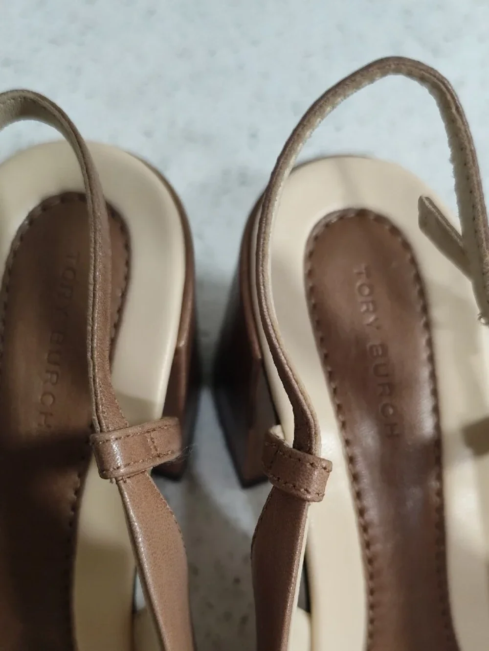 Tory Burch Tan Leather Slingback Heels with Gold Logo Plaque